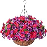 Ammyoo Artificial Fake Hanging Flowers with Basket, Faux Silk Morning Glory Flower Arrangement for Spring Summer Decor, Hanging Plant for Patio Garden Porch Outdoor Decor