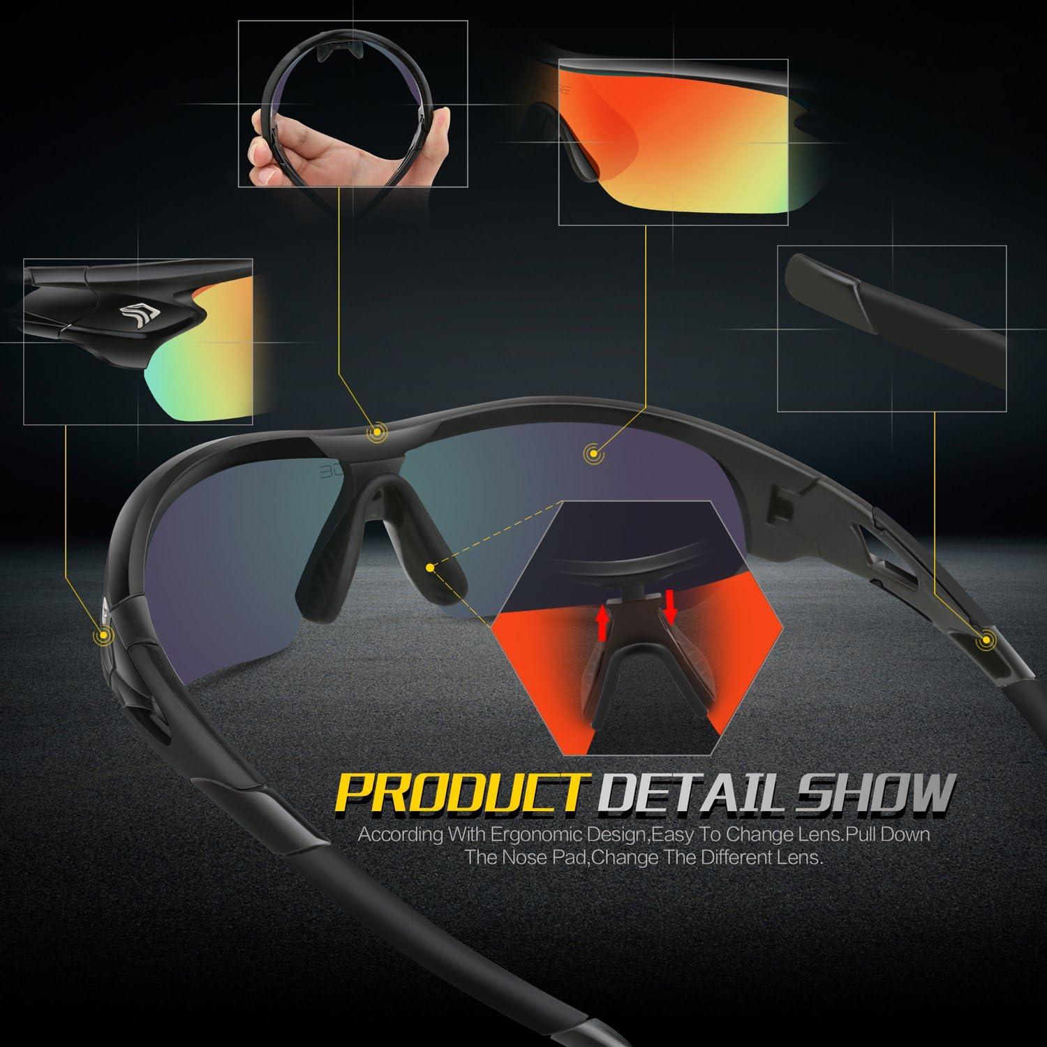 Torege Polarized Sports Sunglasses With 3 Interchangeable Lenes for Men Women Cycling Running Driving Fishing Golf Baseball Glasses TR002 Upgrade(Black&Black Tips&Rainbow Lens): Clothing