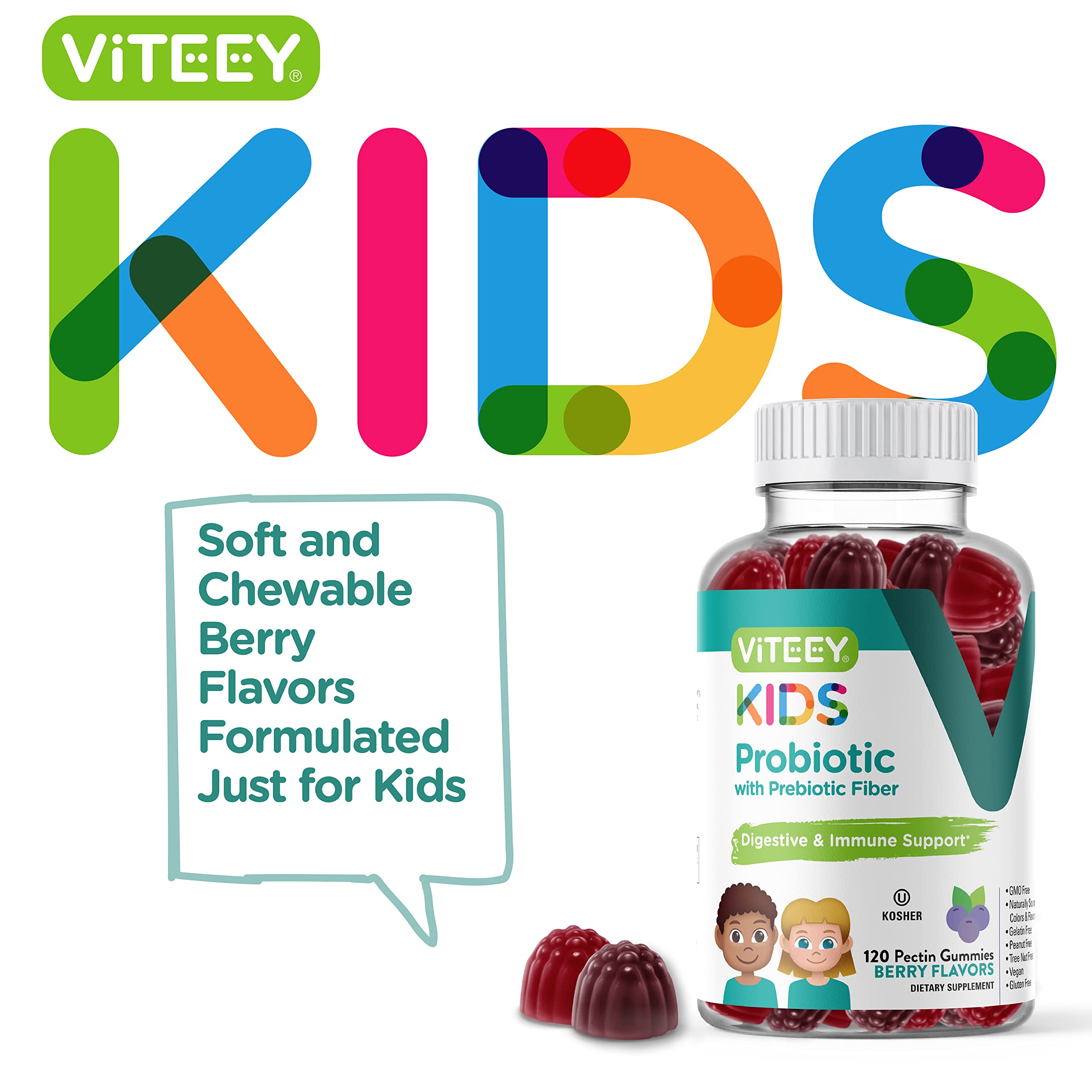 Viteey Probiotic Gummies for Kids Plus Prebiotics Fiber - 2 Billion CFUs - Digestive Health,Gut Health, Constipation Relief for Kids Support - Vegan, Gelatin Free - Chewable Probiotic Berry Flavored