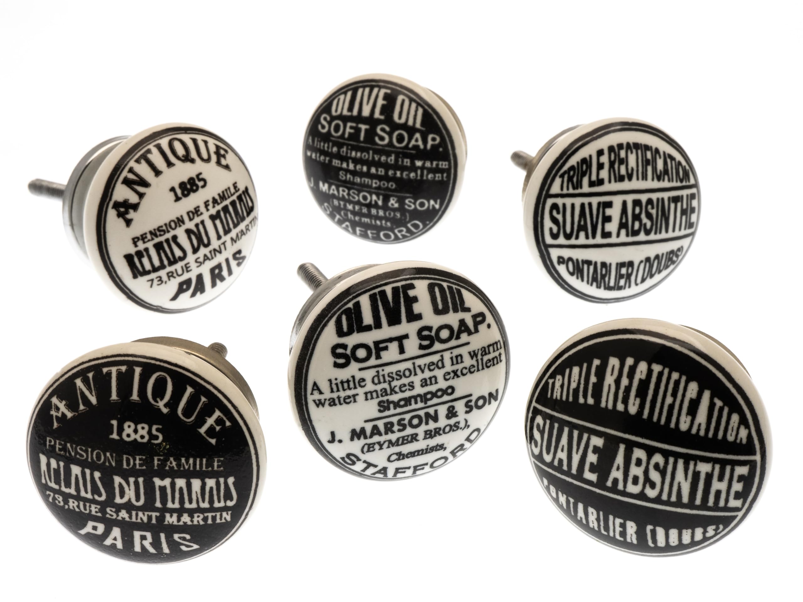 Mango Tree Cupboard Knobs - Decorative Classic 1940s Black and White Clock and Soap Prints Ceramic Door and Drawer Handles – Vintage Home Décor Set of 6
