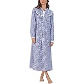 Lanz of Salzburg Sleepwear for Women Classic Long Sleeve Open Neck Soft Flannel Pajama Nightgown