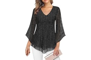 Viracy Womens Dressy Blouse V Neck Double Layers Elastic Mesh Casual Flowy Work Shirts Ruffle 3/4 Flared Sleeve Tunic Tops