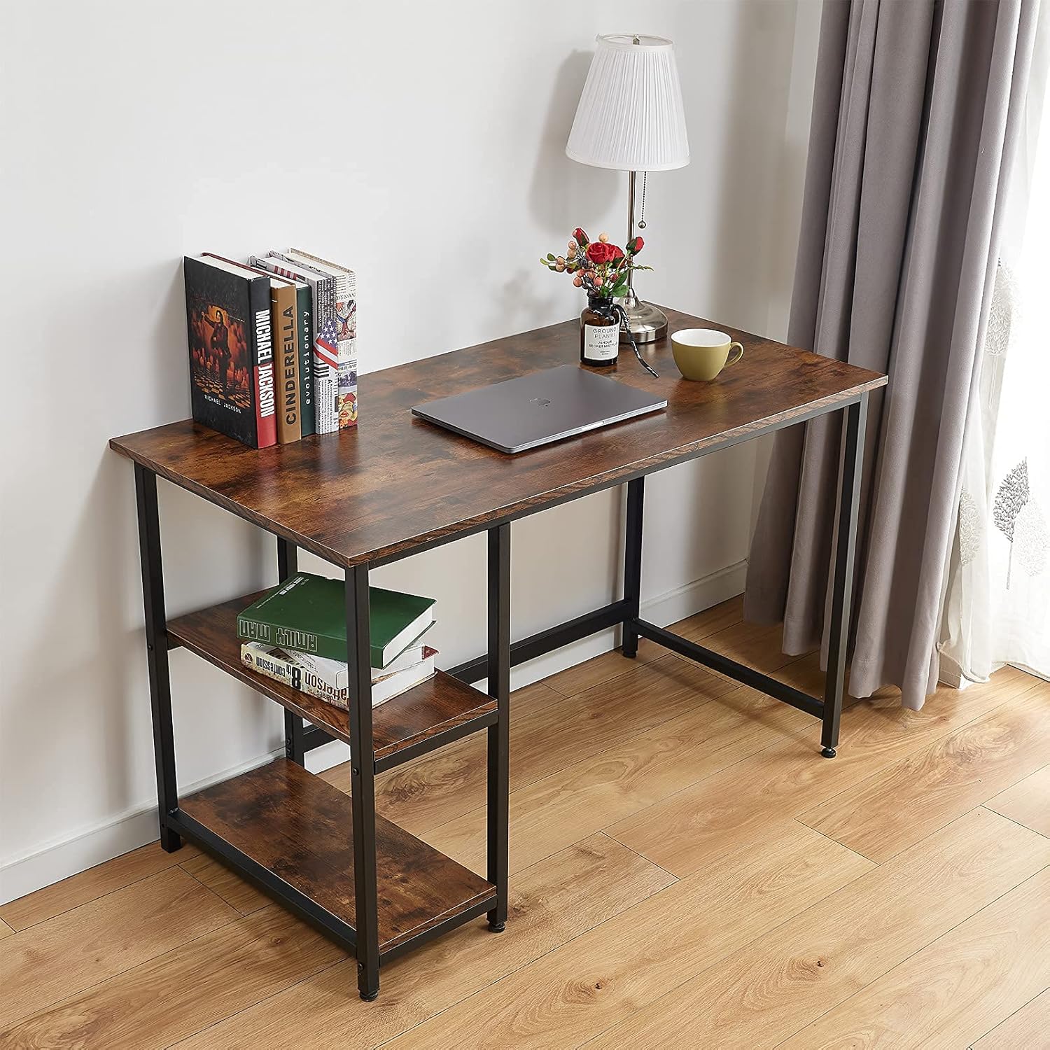 47 inches Home Office Desk Computer Desk with 2 Shelves on Left Modern Simple Style PC Table, Black Metal Frame,Easy Assembly,Smoked Brown…