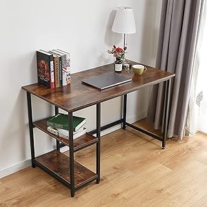 47 inches Home Office Desk Computer Desk with 2 Shelves on Left Modern Simple Style PC Table, Black Metal Frame,Easy Assembly,Smoked Brown…