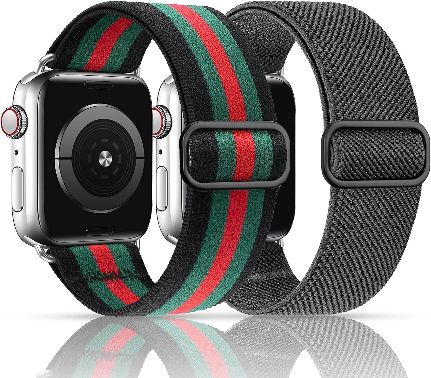 MEULOT Stretchy Nylon Solo Loop Band Compatible with Apple Watch Band 42mm 44mm 2-Pack Adjustable Braided Sport Women Men iWatch Series 6/5/4/3/2/1 SE Grey/Black Green Stripe 42/44