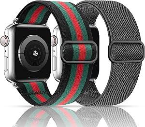 MEULOT Stretchy Nylon Solo Loop Band Compatible with Apple Watch Band 42mm 44mm 2-Pack Adjustable Braided Sport Women Men iWatch Series 6/5/4/3/2/1 SE Grey/Black Green Stripe 42/44