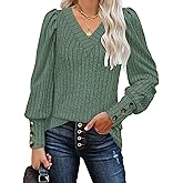 Fayenne Women's Puff Long Sleeve Tops Business Casual Outfits V Neck Shirt Decorative Buttons Knitted Fall Winter Sweaters