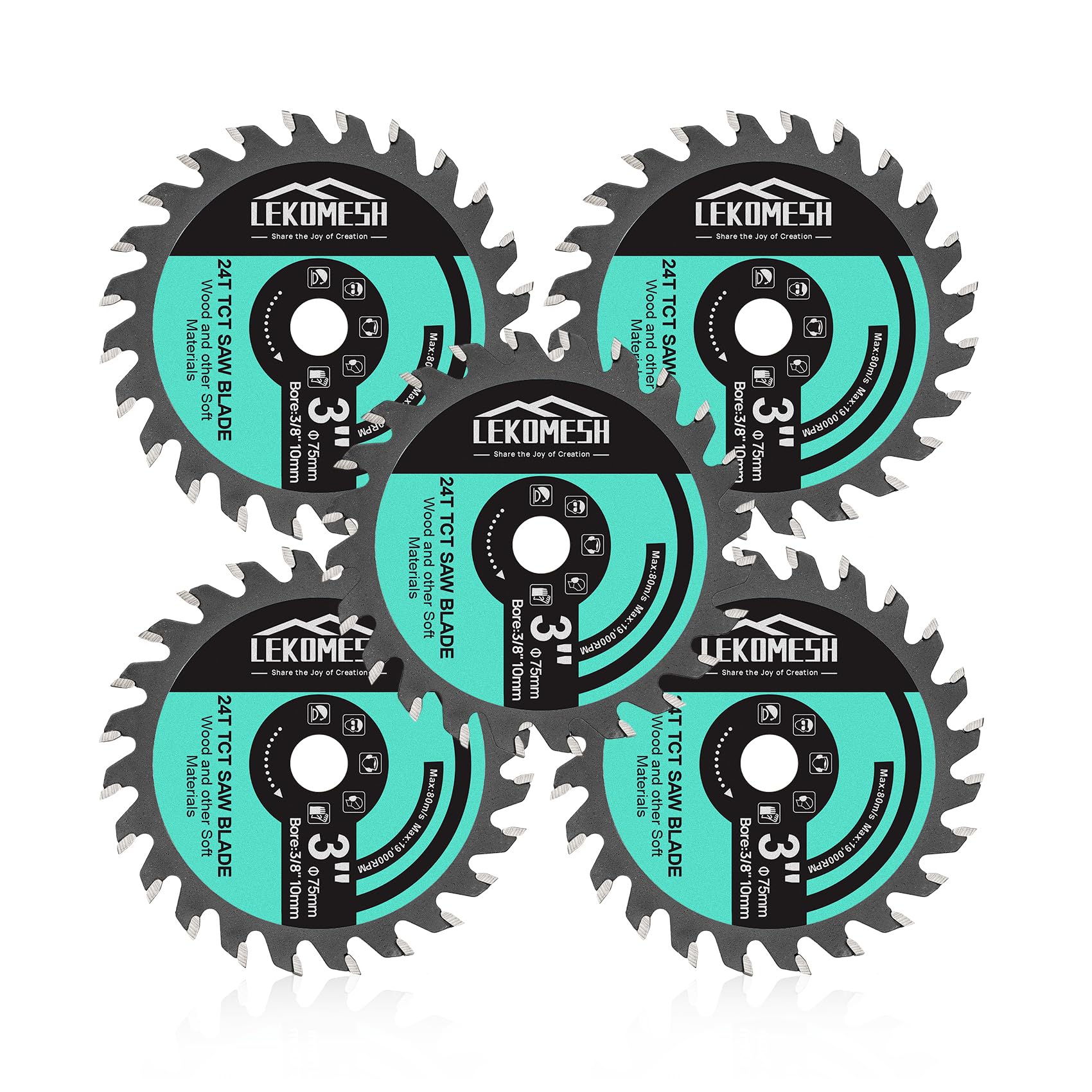 LEKOMESH TCT Circular Cutting Disc - 5pcs 3" (75mm) 24T TCT Wood Cutting Disc with 3/8-Inch Arbor, Cut Off Wheel for Wood Plastic and Composite Materials