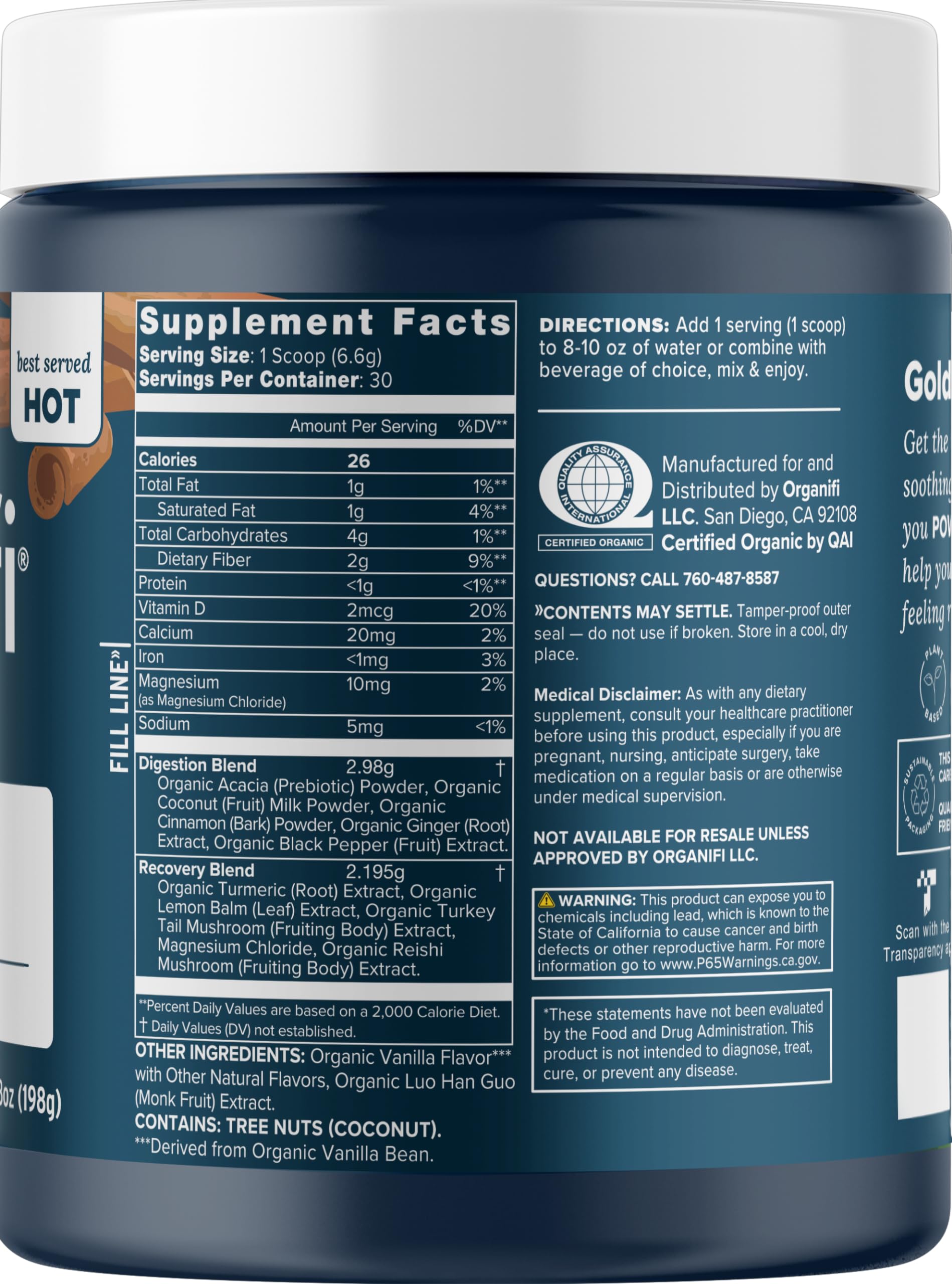 Organifi: Gold - Superfood Supplement Powder - 30 Servings - Stress Support, Better Rest, Relaxation and Promotes Restful Sleep - Turmeric and Reishi Infused