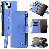 Shieldtop Compatible with iPhone 15 Wallet Case with Card Holder,Women Men RFID Blocking PU Leather Flip Cover Wrist Strap Zipper Credit Card Slots,Phone Case for Apple 15 6.1",Purple Blue
