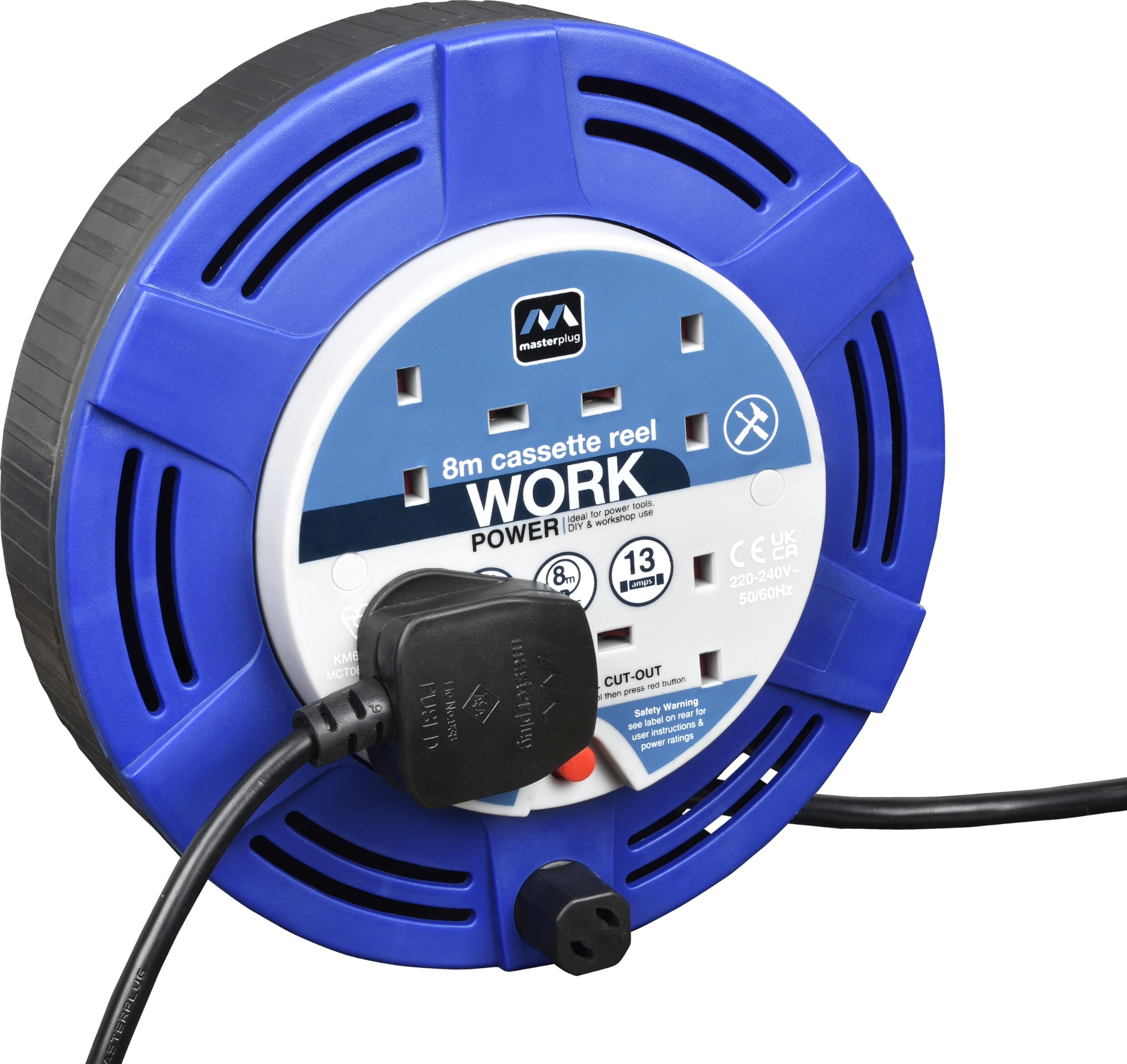 Masterplug Four Socket, 8 Metre Cassette Reel, Medium Extension Lead Cable Reel, Wind-Up Retractable Power Cord Reel, Thermal Cut Out, Work Power, Blue/Black, 13A, 4G, 8m, MCT0813/4BL