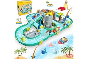 JONRRYIN Water Table Toys, Kids Outdoor Water Table Toys Water Activity Table Large Water Park Playset with 2 Boats, Lifting Pole and Fishing Feature for Kids in Summer Outdoor Beach Play (57 pcs)