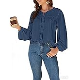 LAPHEE ROSE Boho Tops for Women Long Sleeve - V Neck Babydoll Blouse, Trendy Casual & Dressy Lantern Sleeve Tunic Shirt