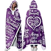 Birthday Valentines Day Gifts for Women Mom Her Wife Sister, Inspirational Gifts for Women Sending Big Hugs Gift Set Cozy Purple Wearable Blanket Hoodie Sherpa Fleece Care Package Get Well Gift Basket
