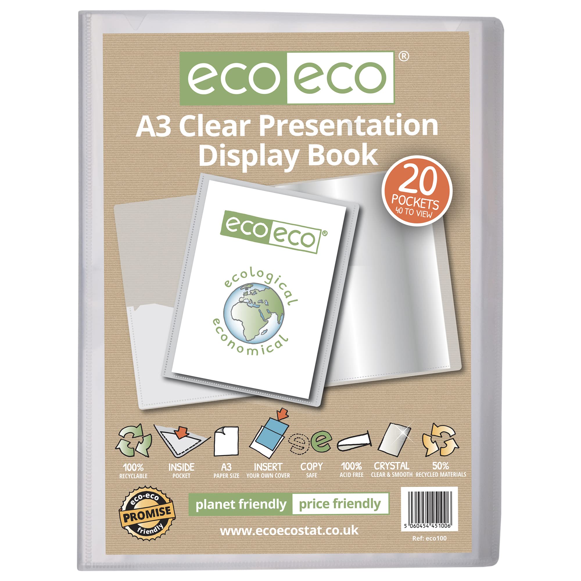 eco-eco A3 Size 50% Recycled 20 Pocket Clear Presentation Display Book, Storage Case Portfolio Art Folder with Plastic Sleeves, eco100