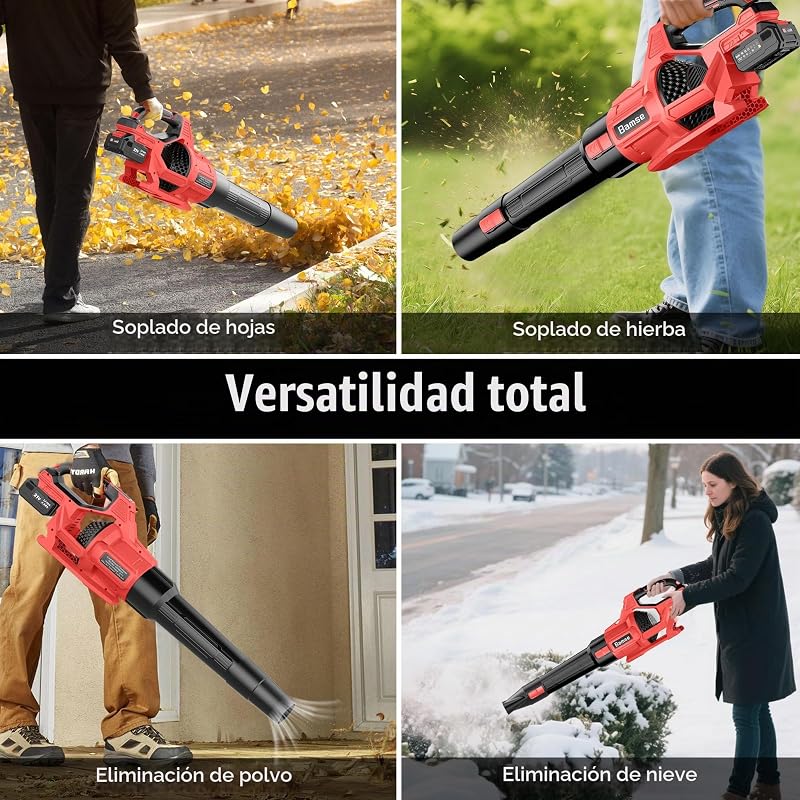 Soplador de Hojas 21V, Soplador Bateria con 2 Baterías de 4.0Ah, 3 Ajustes de Velocidad, 2 Tubos de Soplado, Correa para el Hombro para Soplar Hojas, Nieve, Polvo y Residuos, Rojo