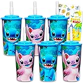 Lilo and Stitch Kids 16 Oz Reusable Cups -Stitch Party Favor 6 Piece Bundle with 16 Oz Cup with Lid and Straw Plus Stickers for Boys and Girls | Stitch Tumbler with Straw