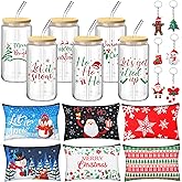 Vesici 18 Pcs Christmas Gifts Bulk 6 Sets 16 oz Christmas Glass Cups with Lid and Straw Gingerbread Santa Snowman Makeup Bags Xmas Keychain for Women Coworker Employee Winter Holiday Party Favors