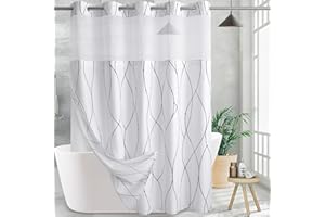 KONZENT White Fabric Shower Curtain with Black Stripes with Snap in Removable Liner for Bathroom Bathtubs,Hotel Shower Curtain and Liner Set with See Through Mesh Top Window,Machine Washable (71 X 74)