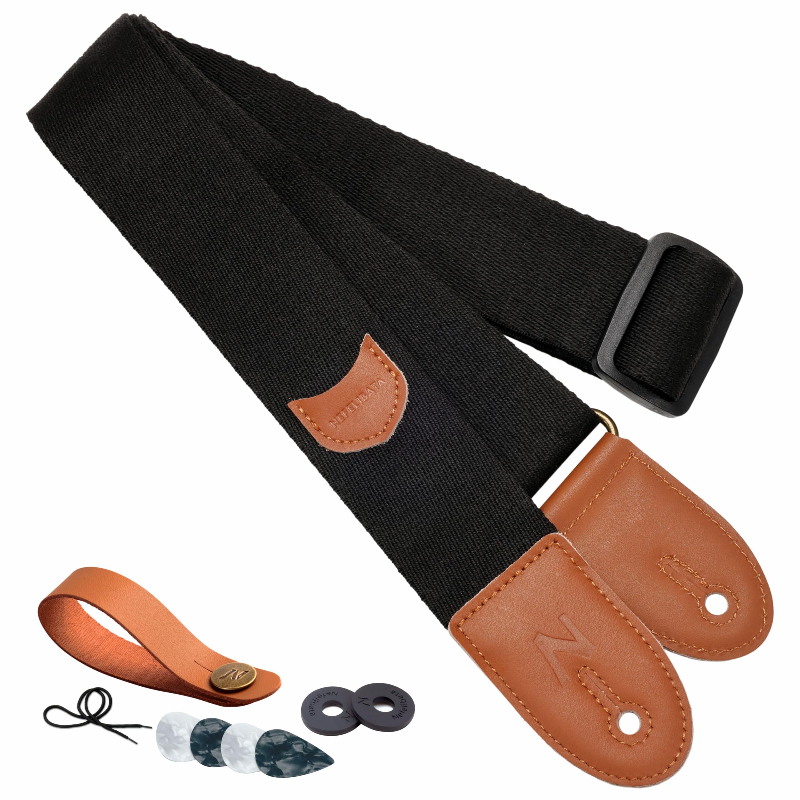 Nefelibata Guitar Strap, Cotton Full Grain Leather Ends Guitar Straps with Pick Pocket for Bass, Electric & Acoustic Guitar, Come with Strap Button, 1 Pair Strap Locks and 4 Guitar Picks