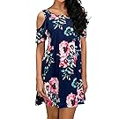 QIXING Women's Summer Cold Shoulder Tunic Top Swing T-Shirt Loose Dress With Pockets