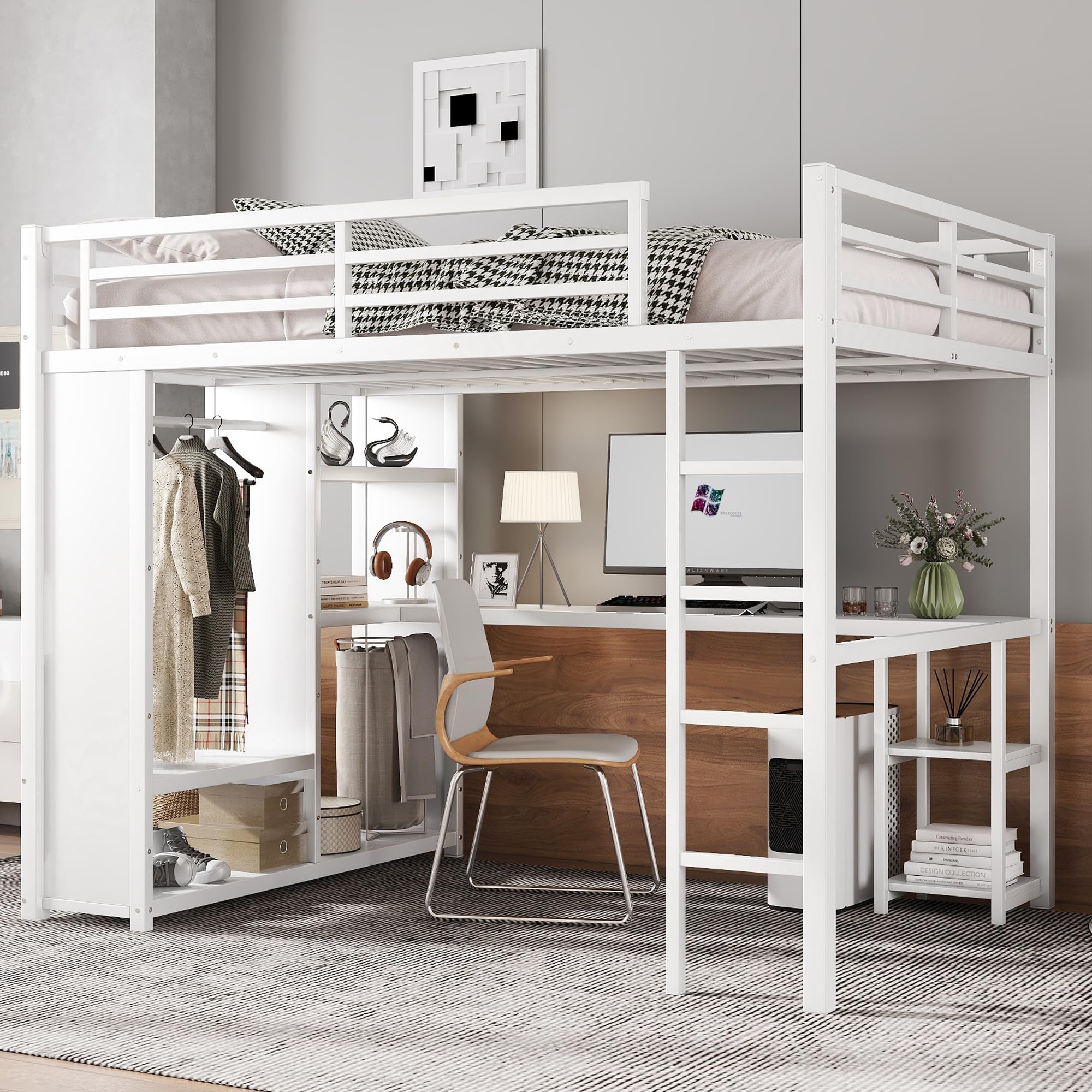Photo 1 of *MISSING PIECES*
Bellemave Queen Size Loft Bed with Desk and Storage Shelves, Queen Loft Bed with Wardrobe and Hanging Rod, Game Loft Beds with Guardrail and Ladder, Heavy Duty Loft Beds for Adults Teens, White