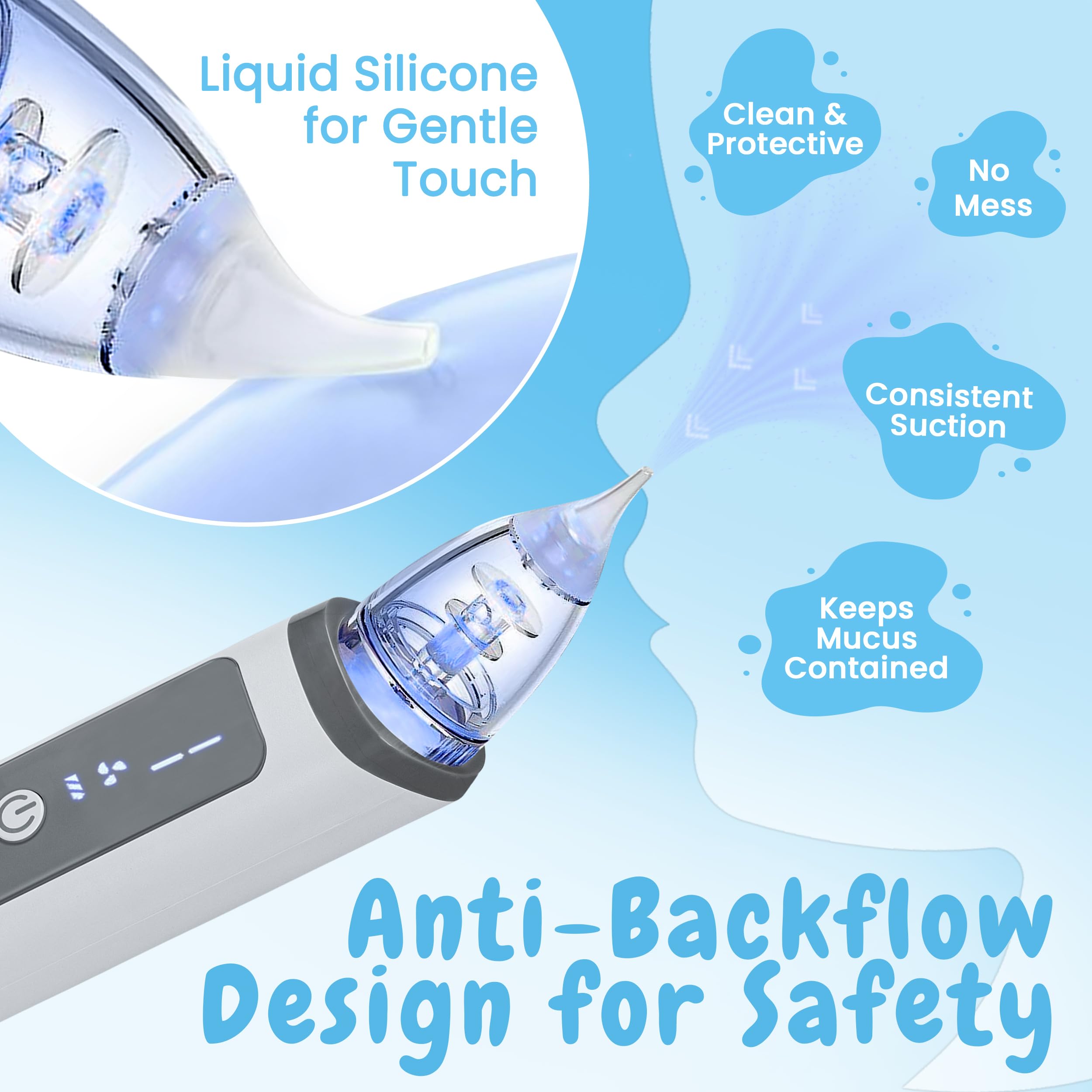 Electric Nasal Aspirator for Baby – Baby Nose Sucker with Adjustable Suction, Music & Light – Portable Nose Cleaner with Soft Silicone Tips for Infant Congestion Relief – USB Rechargeable