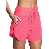 ISEEGZ Womens 5.5" Swim Shorts High Waisted Board Shorts with Pockets Quick Dry UPF 50+ Beach Shorts with Liner