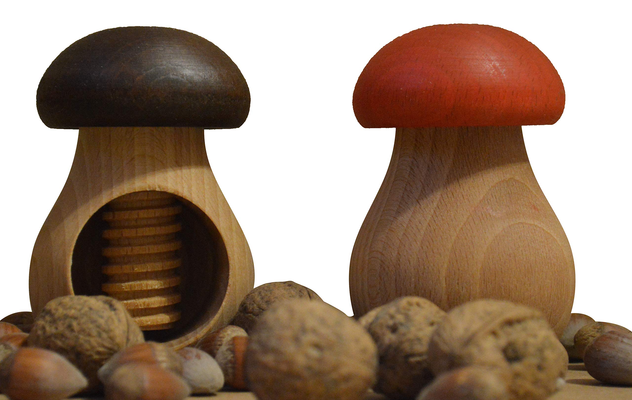 Wooden World Set of 2 Nutcrackers Brown and Red Natural Beech Wood - Very Strong Mushroom