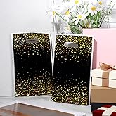 Skrfren 50 Pcs Black and Gold Party Favor Gift Bags, Black and Gold Plastic Bags with Handles Birthday Treat Party Bag for Wedding Bridal Baby Shower Christmas New Year Gift Supplies, Die Cut