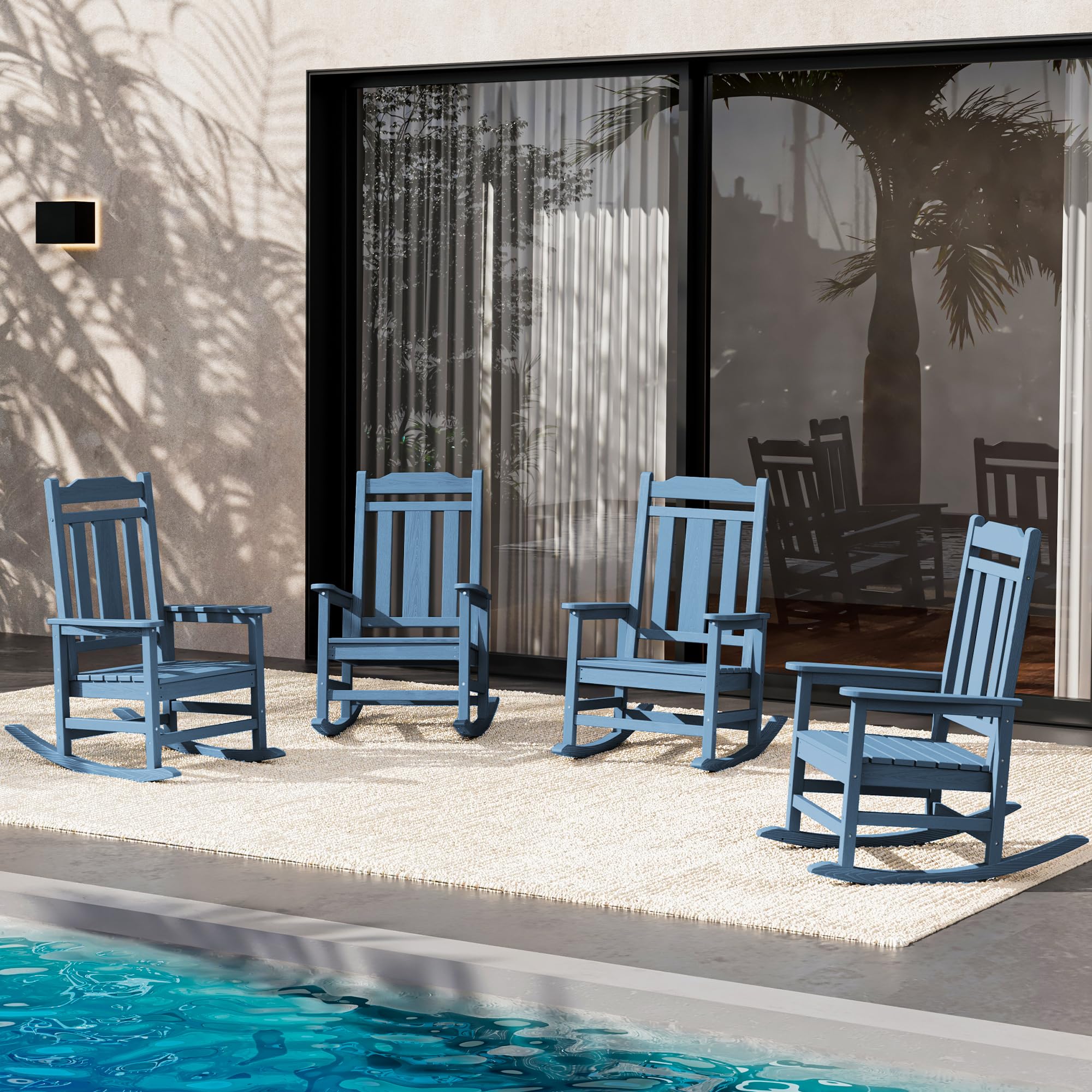 SERWALL Oversized Rocking Chair Set of 4 Outdoor, HDPE Outdoor Rocking Chair Set of 4, Blue Image