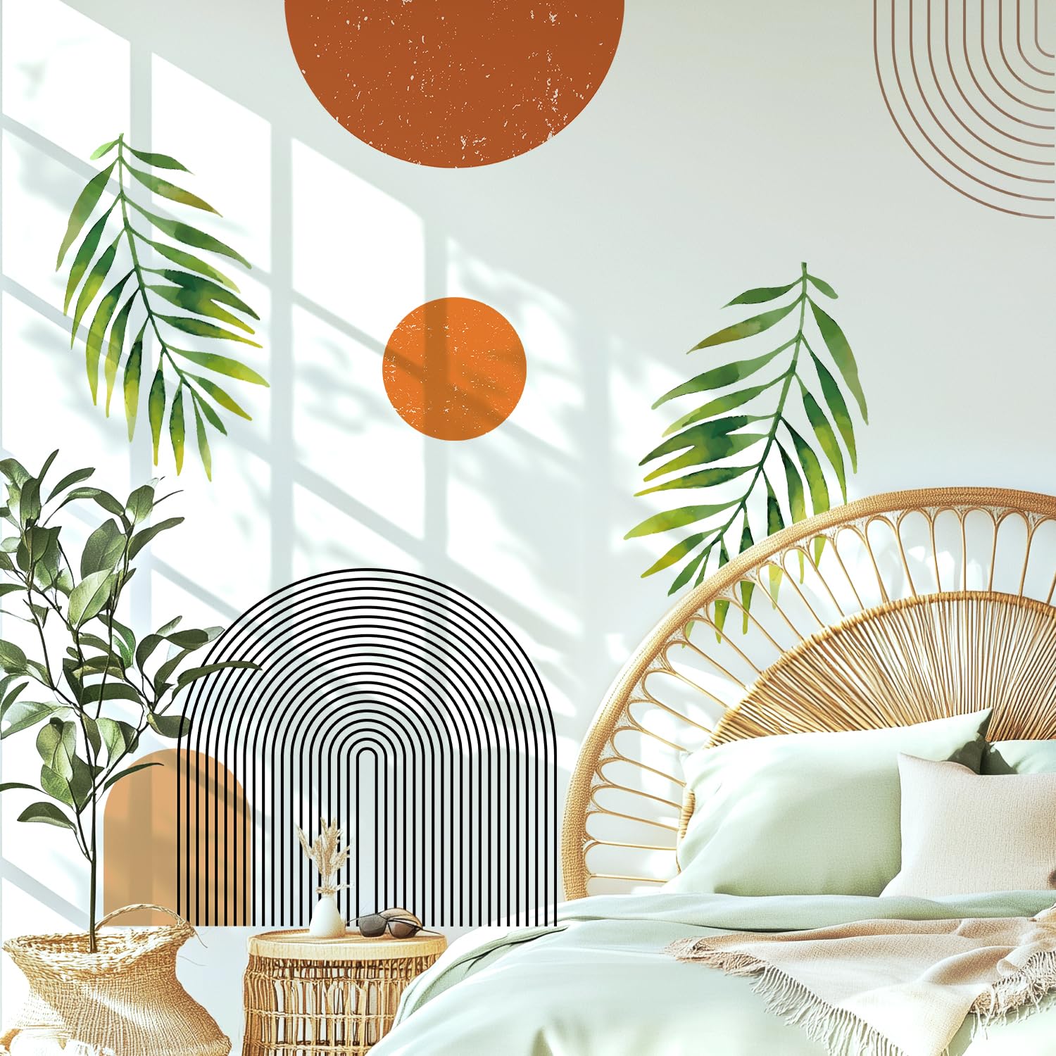 Photo 1 of VePret Boho Mid-Century Modern Wall Decals Peel and Stick, Large Archs Sun Vinyl Wall Stickers, Removable Leaves Plants Home Decor Art for Bedroom Living Room Classroom Office