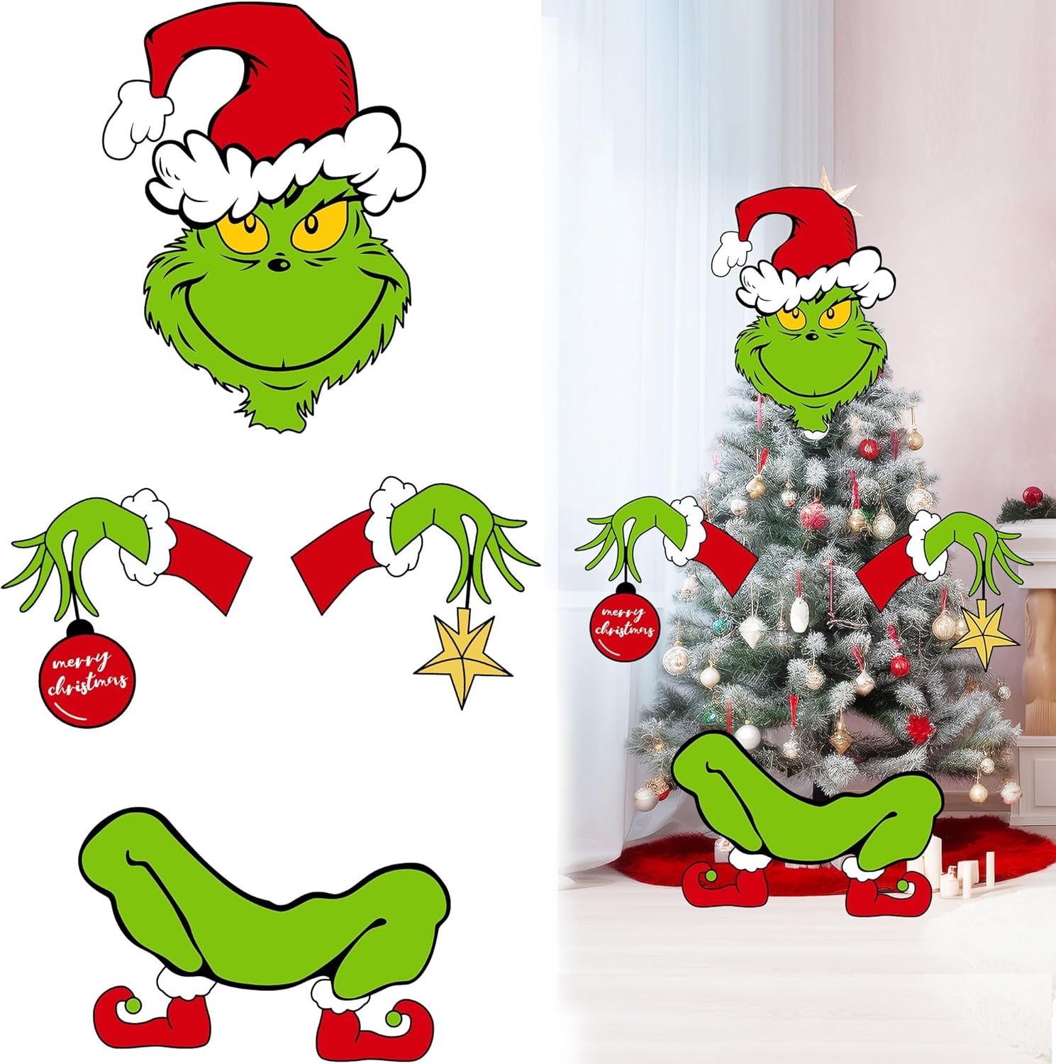 Tree Toppers - HPQ Grinchmas Christmas Tree Topper Decorations,Christmas Tree Grinchmas Decorations Thief Stole Tree Topper Head Arms Ornaments for Holiday Xmas Home Party Decorations