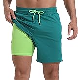 FT FENTENG Mens Swim Trunks with Compression Liner 7" Board Shorts with Zipper Pockets 2 in 1 Quick Dry Bathing Suits