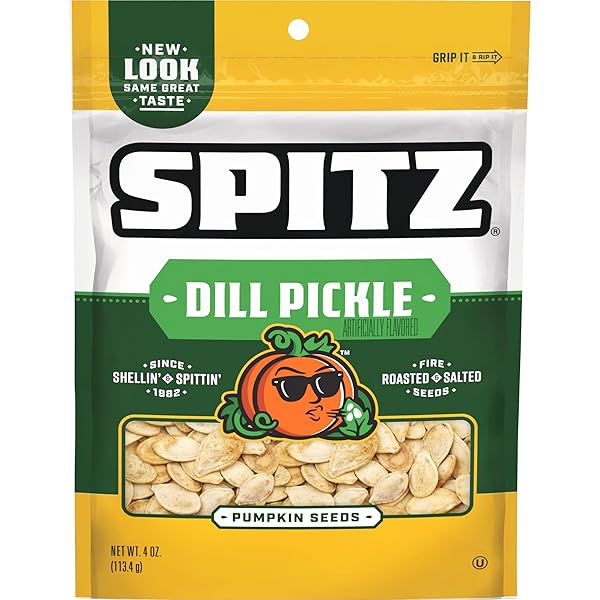 SPITZ PUMPKIN SEEDS, DILL PICKLE, 4 OZ SNACK BAG
