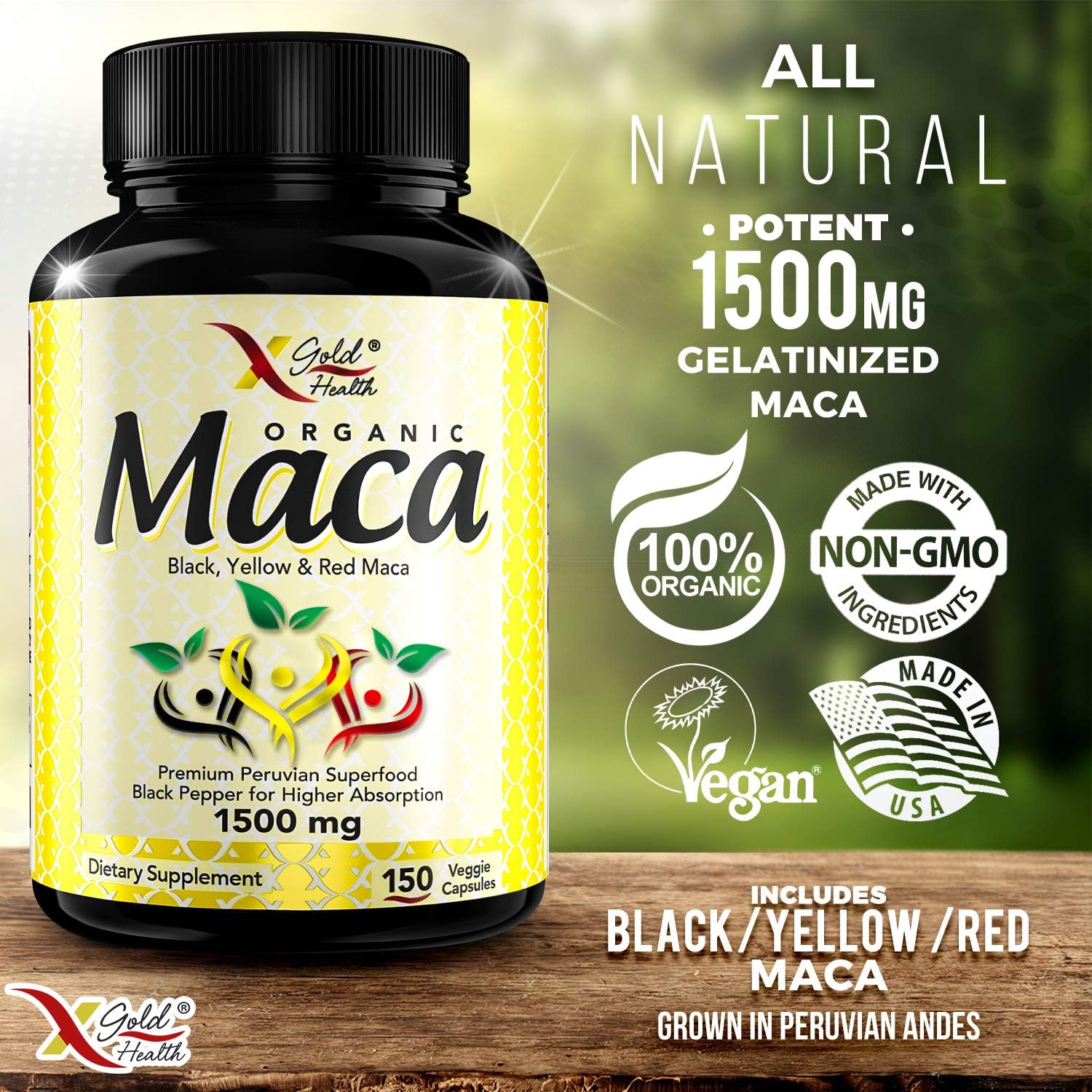 Organic Maca Root Powder Capsules Black, Red, Yellow - 150 Vegan Pills - 1500mg Strongest Peruvian Maca Gelatinized for Energy, Performance, Mood for Men and Women w/Black Pepper for Best Benefits: Health & Personal Care