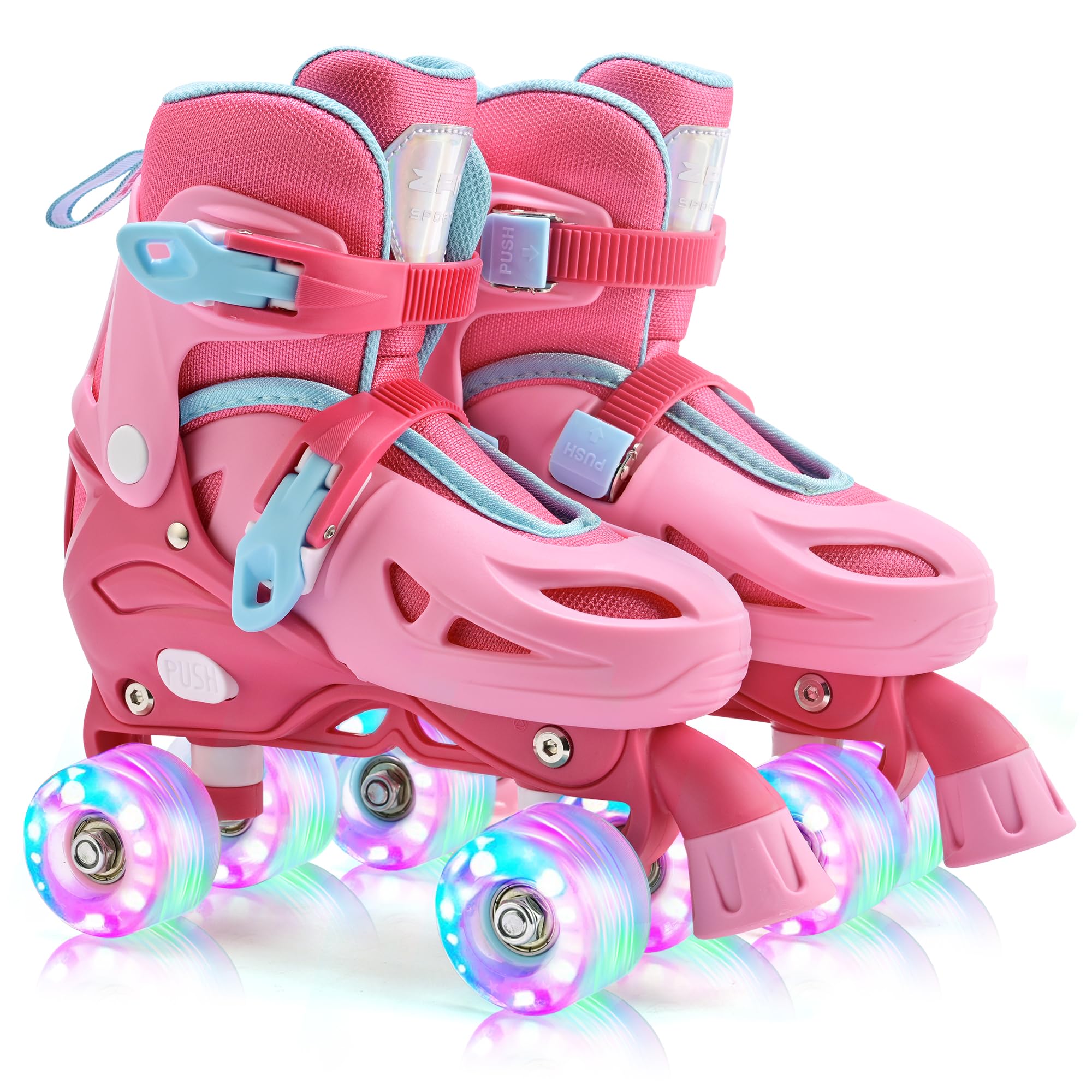 Photo 1 of 2PM SPORTS 4 Size Adjustable Light Up Roller Skates for Girls, Flashing 4 Wheels, Beginner Kids Rollerskates for Age 5-8 8-12 - Red Medium