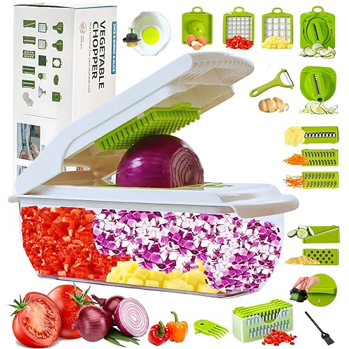 NESTREE 18-Pcs Vegetable & Salad Chopper-High-Performance Mandoline Slicer & Dicer with Razor-Sharp Stainless Steel Blades, Peeler, Hand Guard, Brushes-All-in-1 Onion, Food Cutter, Spiralizer Set.