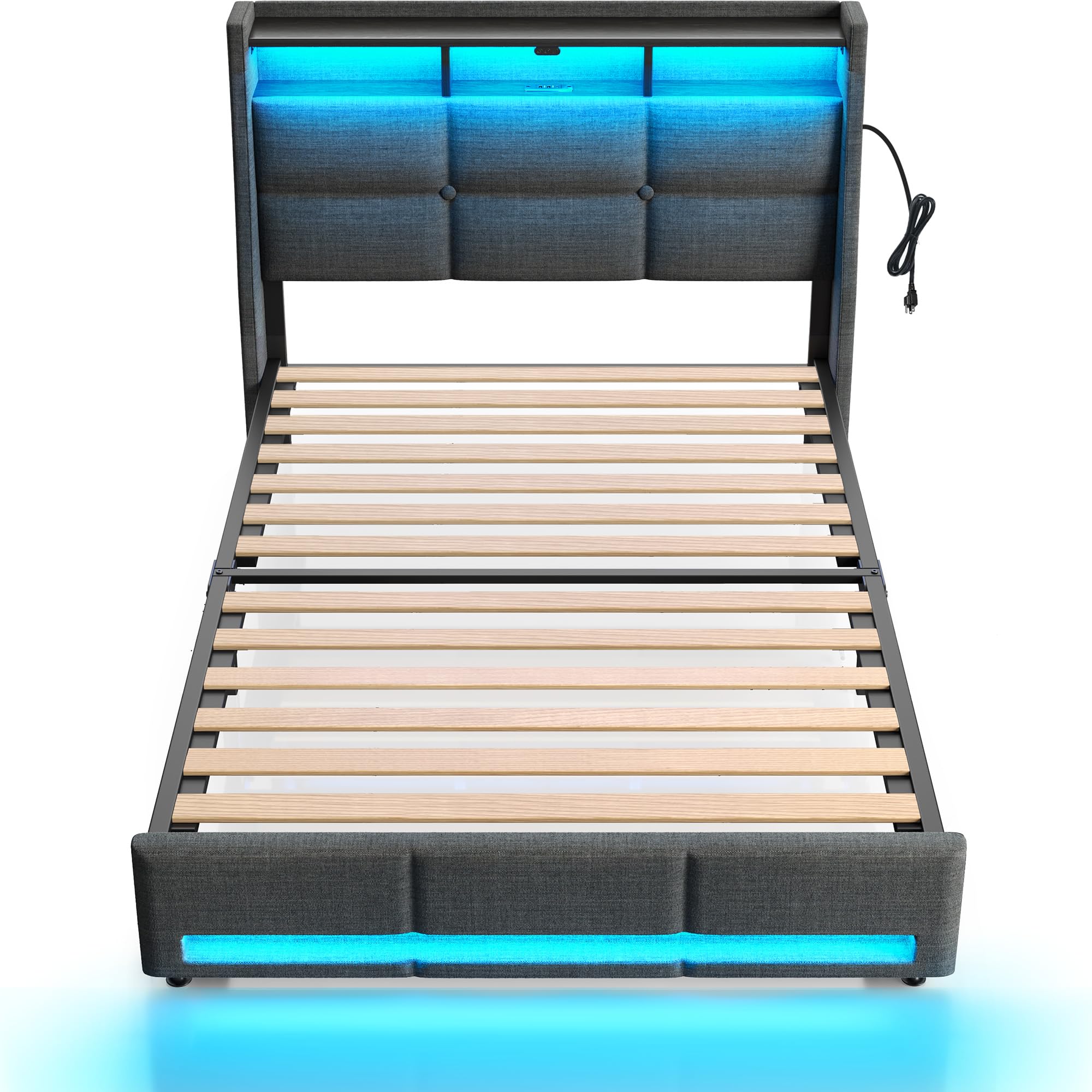 Rolanstar Twin Size Bed Frame with LED Lights and Charging Station, Upholstered Headboard with 2-Tier Storage Shelves, Heavy Duty Metal Frame, Noise-Free Support, Easy Assembly, No Box Spring Needed Image