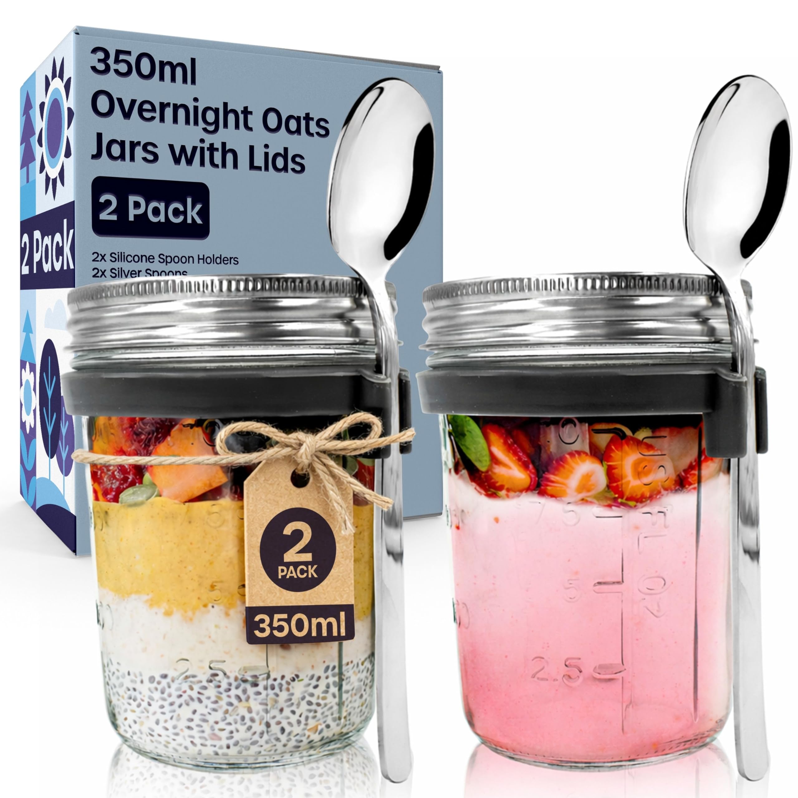 volila Overnight Oats Jar - 2 Pack Overnight Oats Jars with lids 350ml - Breakfast Jars for Overnight Oats, Fruit Salad, Cereals, and Milk - Overnight Oats Container with Silicone Spoon Holder