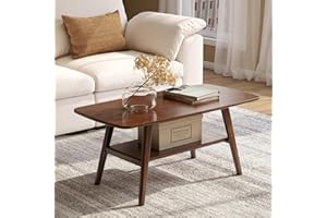 Vadisun 100% Solid Oak Wood Coffee Table for Living Room, Small Coffee Table with Shelf Storage, Mid Century Modern Coffee Table with Rounded Corners (Walnut,39.37" W x 22.05" D x 17.32" H)