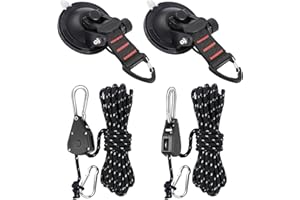 CONBOLA Suction Cups Hooks with 1/8" Adjustable Grow Light Hangers 13 ft with Reinforced Metal,Heavy Duty Ratcheting Pulley System for Camping Gardening and Various Tie-Down Uses.(4-Pack Set)