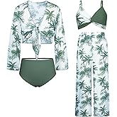 GRACE KARIN Teen Girls Bathing Suits Kids 4 Piece Long Sleeve Swimsuit Kimono Up Pants Bikini Tankini Set Swimwear