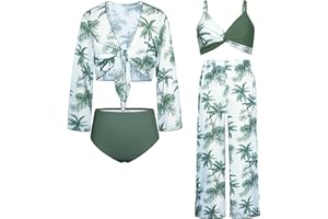 GRACE KARIN Teen Girls Bathing Suits Kids 4 Piece Long Sleeve Swimsuit Kimono Up Pants Bikini Tankini Set Swimwear
