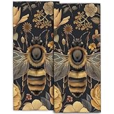 amepay Vintage Bee and Flower Hand Towels Set 2PCS, 14.5x28 Inch, Retro Bumblebee and Floral Design, Polyester Towel for Nature Lover, Bathroom, Kitchen, Spa, Hotel Decorative Gifts