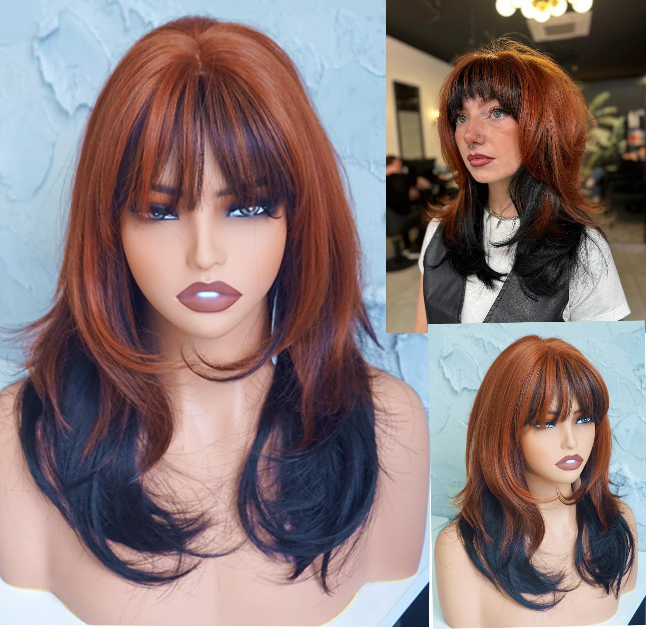 Photo 1 of Wigs for white women Copper black wig medium length wigs for women Copperwith black highlights Synthetic wig for white Women (3619)