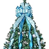 Christmas Tree Topper Christmas Wreath Bow, 52 * 13 inches Large Tree Toppers Bow with Glitter Streamer and Patterned Ribbon for Xmas Tree Décor Christmas Home Indoor Outdoor Decoration Lake Blue