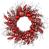 16 in. Unlit Christmas Wreath Red Door Wreath Handcrafted with Artificial Eucalyptus Berries Ornaments for Farmhouse Holiday Thanksgiving Christmas Decoration