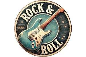 Rock & Roll Guitar 7.98x7.98" Round Aluminum Wall Art - Vintage Style Metal Sign for Home, Office, Bar, Cafe Decor