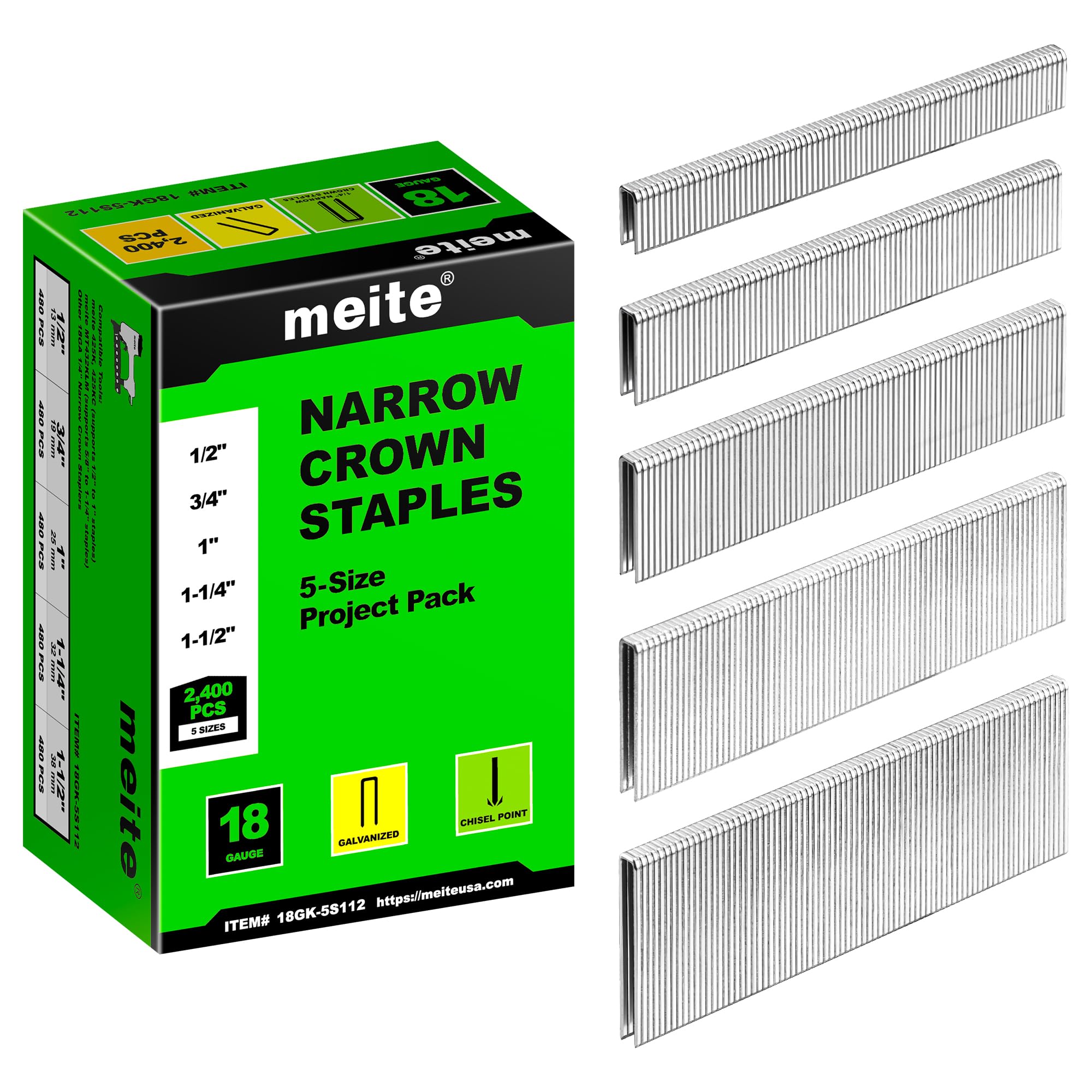 meite 18 Gauge 1/4-Inch Narrow Crown Staples, Assorted 5 Sizes (1/2", 3/4", 1", 1-1/4", 1-1/2" Each Size 480 Counts). Galvanized Staples for Heavy Duty and Upholstery, 5 Sizes Project Pack Image